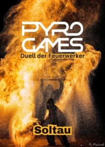 Pyrogames in Soltau: Zwei Männer stehen im Wettbewerb um die besten Feuerwerke, umgeben von leuchtenden Effekten